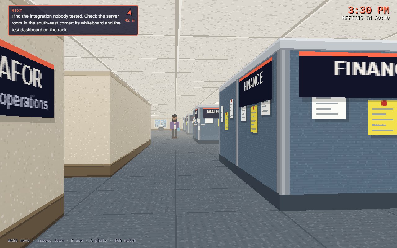 Go-Live Friday in first person: the main aisle of the fourth floor, cubicles with team signs, a colleague walking toward you
