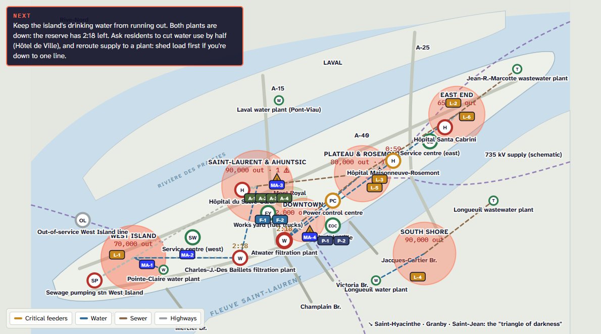 The Montreal city map mid-crisis: one line into the island, both filtration plants down