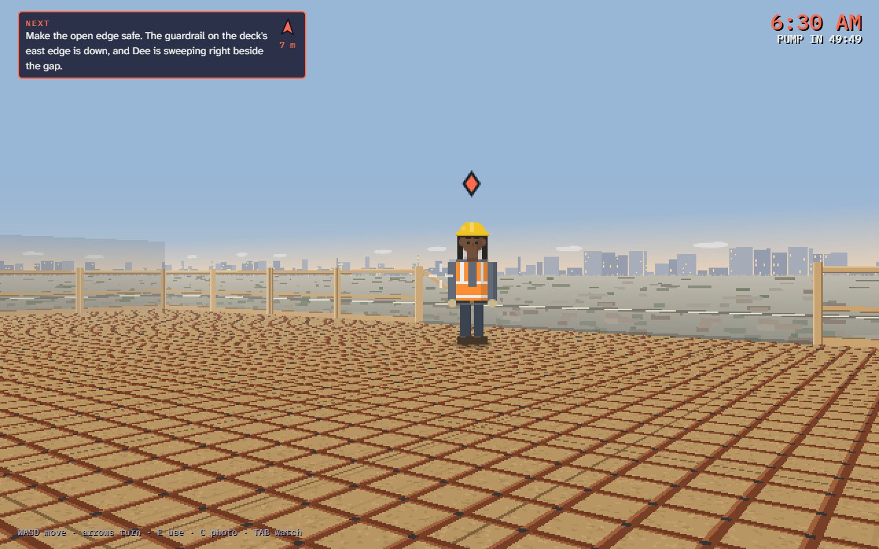 Pour Day in first person: the level 3 deck at dawn, a rebar mat on plywood forms, a labourer in hi-vis sweeping beside a gap in the guardrail